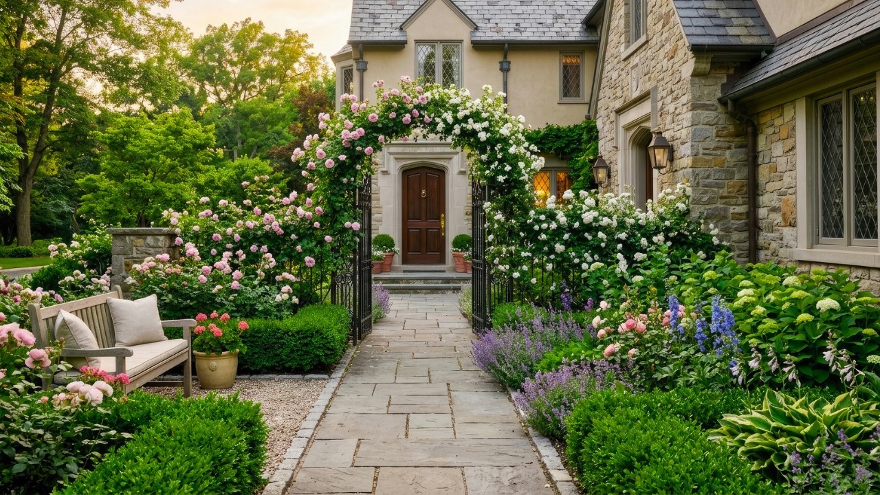 Elegant Front Yard Landscaping: Romantic Garden Entryway for a Luxury Home Look