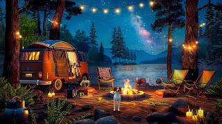 Smooth Piano Jazz Music by Mountain Lake - Cozy Night Camping Ambience & Relaxing Crackling Campfire