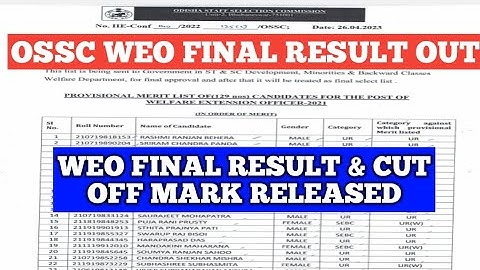 OSSC WEO FINAL RESULT /WELFARE EXTENSION OFFICER FINAL MERIT LIST/WEO FINAL CUT OFF
