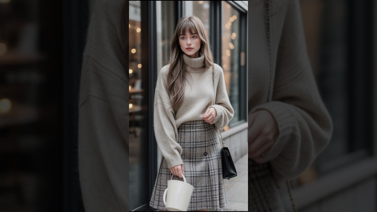 Cream Turtleneck Sweater & Plaid Wool Skirt in Grey Tones 