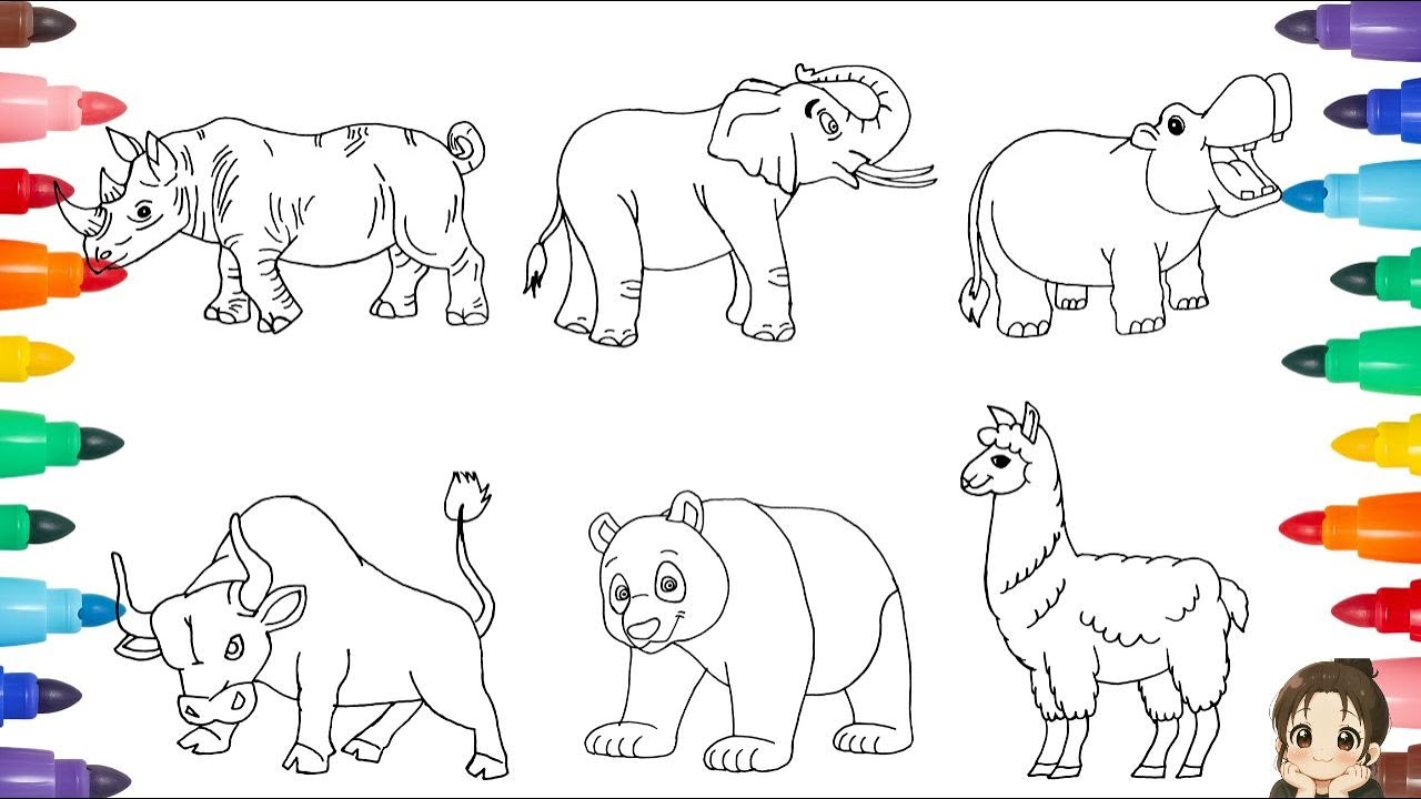 Let's Draw And Color 6 Amazing Wild Animals 🐂🦏 How To Draw Animals For kids 🐼 🦙