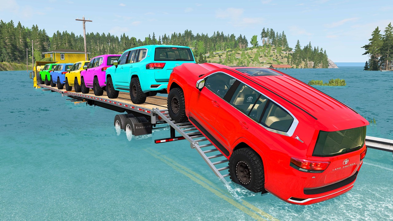 Triple Flatbed Trailer McQueen Transportation with Truck - Speedbumps vs Cars vs Train - BeamNG #17