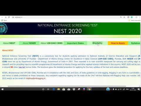 NEST Admission Online Form 2020/(National Entrance Screening Test)/ Integrated M.Sc Programme