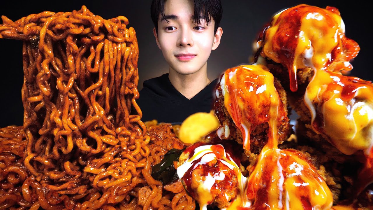 ASMR MUKBANG 트러플짜파게티 BBQ 킹트리플 핫양념치킨 먹방 BLACK BEANNOODLES & FRIED CHICKEN チキン チャジャンラーメン eating sounds