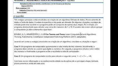 ATIVIDADE 1 - ALGORITMOS E LÓGICA DE PROGRAMAÇÃO I - 52/2022