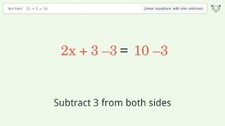 Linear equation with one unknown: Solve 2x+3=10 step-by-step solution