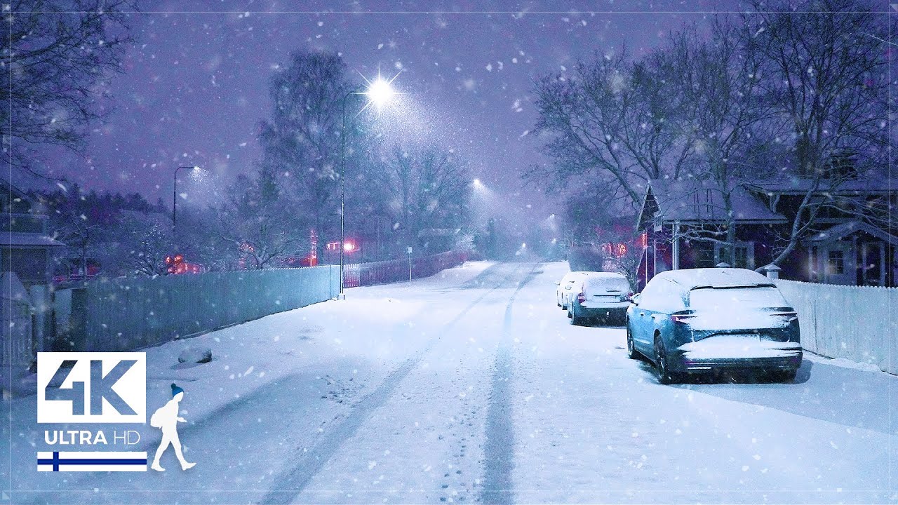 Mental Therapy • Night Walk in Snowfall • Porvoo, Finland - Slow TV 4K