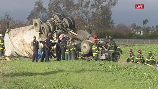 Overturned Big Rig Along I-5 Near Del Paso Road