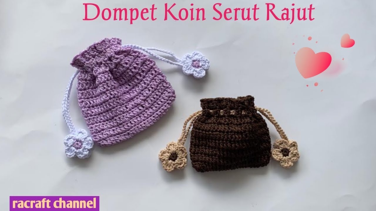 Tutorial Dompet koin serut rajut // mini drawstring bag crochet #crochetbag #crochettutorial