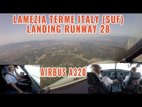 Lamezia Terme, Italy, SUF: Scenic Approach + landing on Runway  28. Airbus cockpit and pilots view.