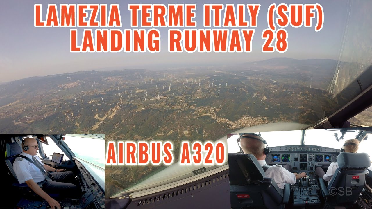 Lamezia Terme, Italy, SUF: Scenic Approach + landing on Runway  28. Airbus cockpit and pilots view.