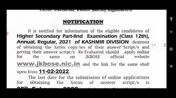 JKBOSE Xerox / Re-Evaluation Notification of (Class 12th), Annual, Regular 2021 of Kashmir Division
