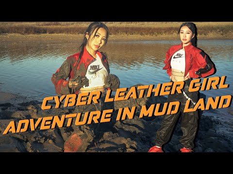 Mud Wetlook Messy Dirty Asian Girl Wearing Cyber & Leather Outfits Sneakers in a Muddy Adventure