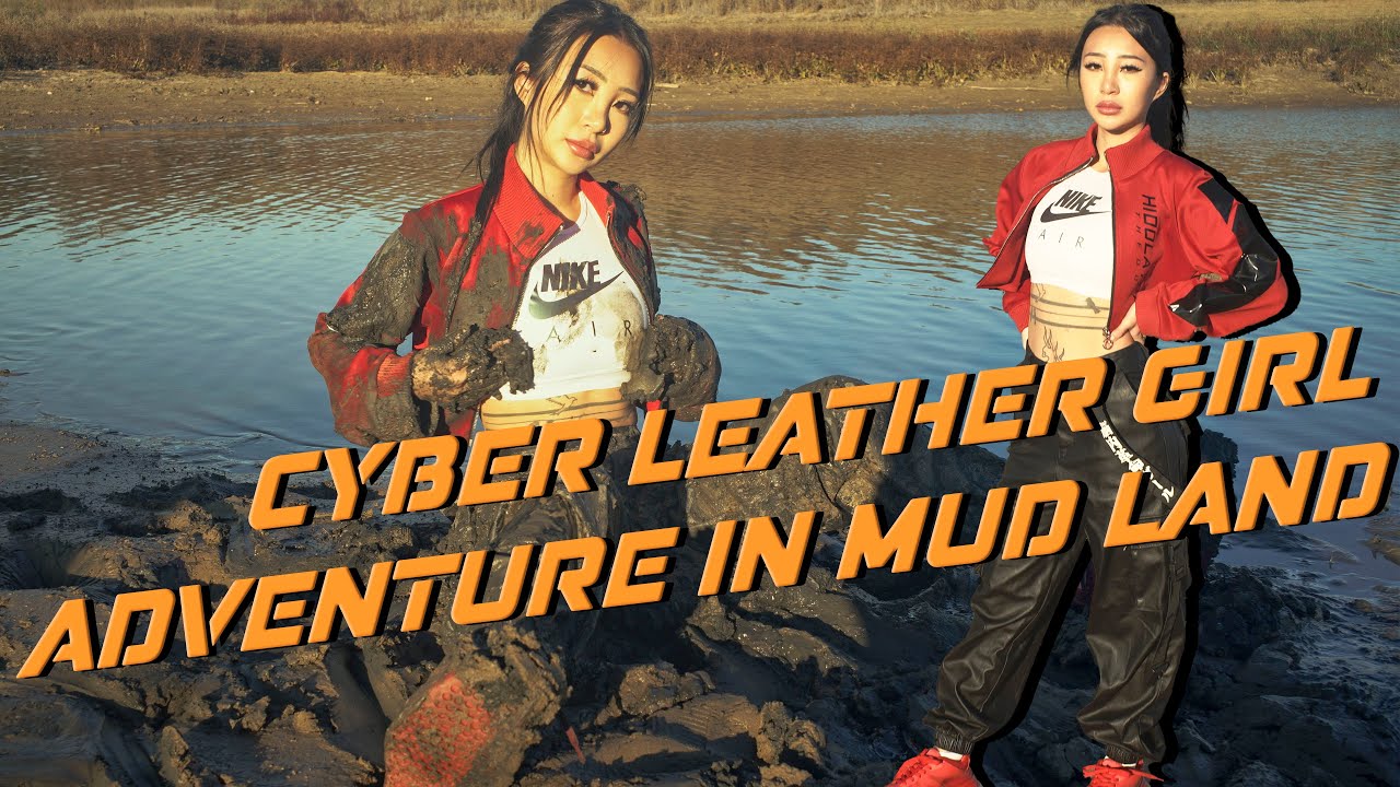 Mud Wetlook Messy Dirty Asian Girl Wearing Cyber & Leather Outfits Sneakers in a Muddy Adventure
