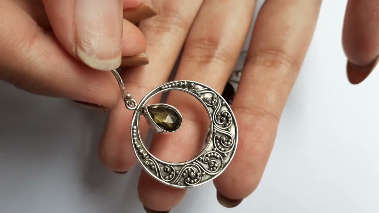 Sterling Silver, Dangle Earrings, Smokey Quartz Gemstone, Bali Earrings