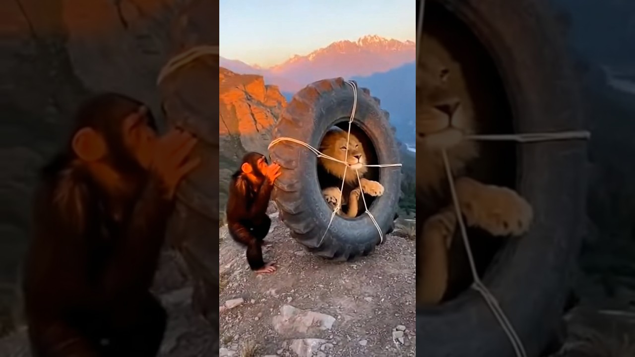 A clever chimp rolls a lion downhill inside a giant tire in a playful, cartoonish scene.