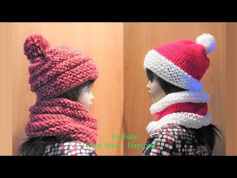 Tuto tricot Bonnet enfant 3 à 8 ans et pompon & Snood  Tricoter en cercle  avec aiguille circulaire 