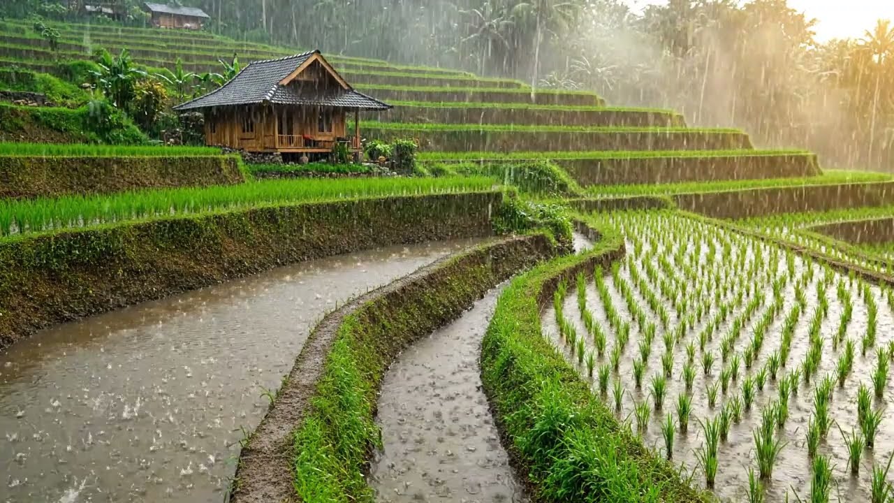 HD Quality Natural Rain Rice Fields Rice Terraces Background Noise Overcome Insomnia