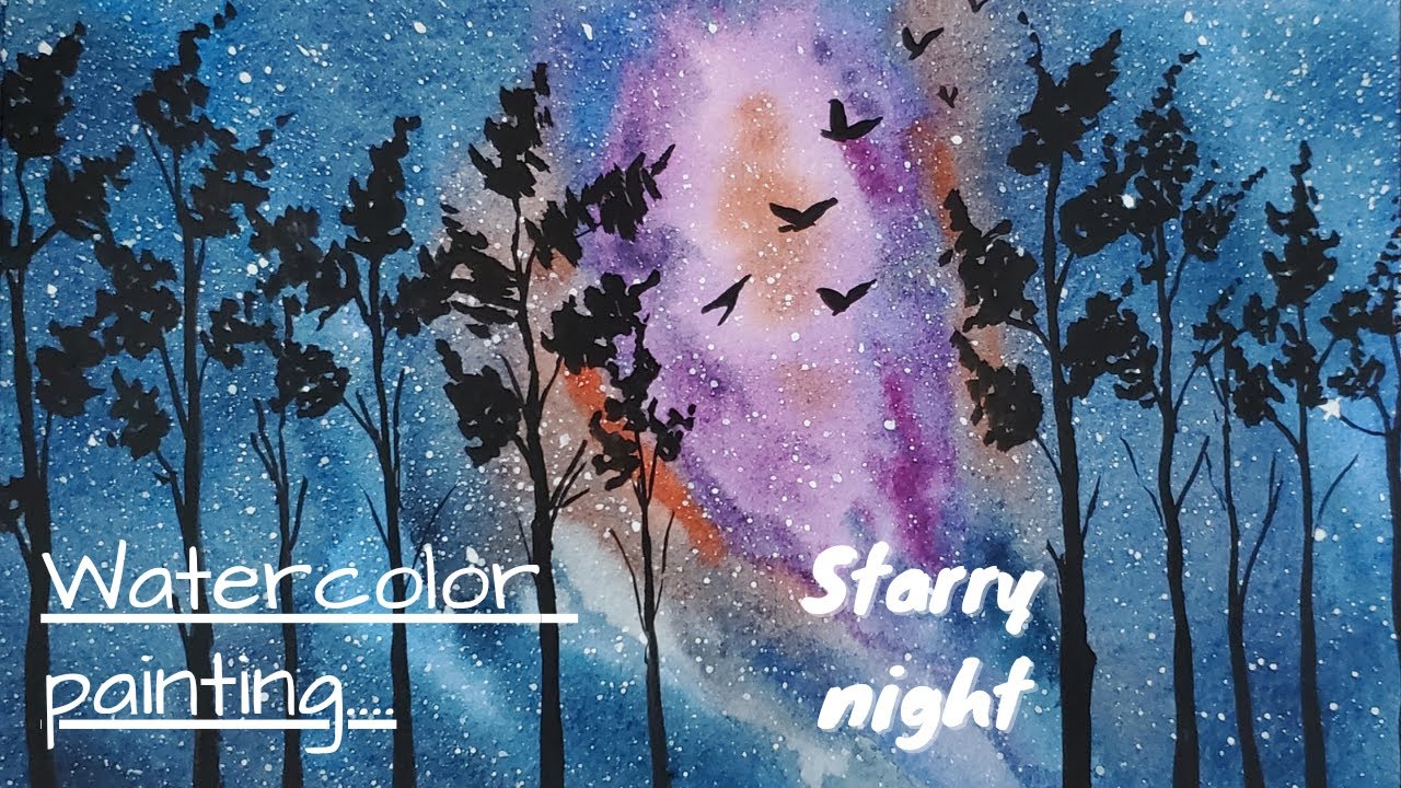 How to draw forest under Starry Night painting | watercolor painting ...