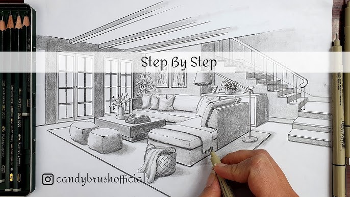 How to draw a living room in one point perspective 