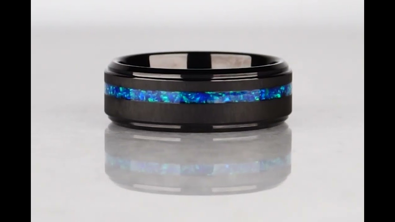 Blue Opal Tungsten Ring, Brushed Black with Teal Opal Inlay - 8MM