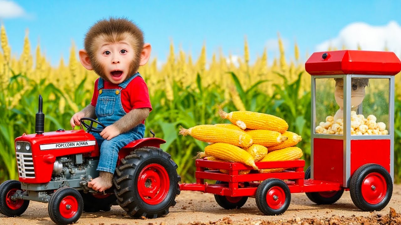 Monkey BoBo Drives a Cute Tractor and Delivers Fresh Corn for Popcorn Fun - BoBo Monkey Life