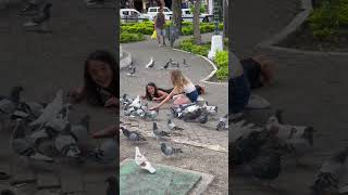 Girls Feeding the Birds in Vilcabamba Town Square