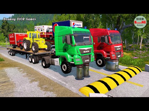 Double Flatbed Trailer Truck cars vs rails tractor vs train cars vs bollards Beamng Drive 373