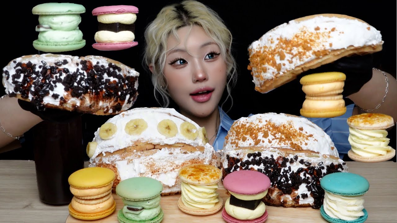 와플 사이에 생크림 한가득💛 쫀득한 마카롱까지 폭신폭신 디저트 파티! Waffle Cream Macaron Mukbang ASMR