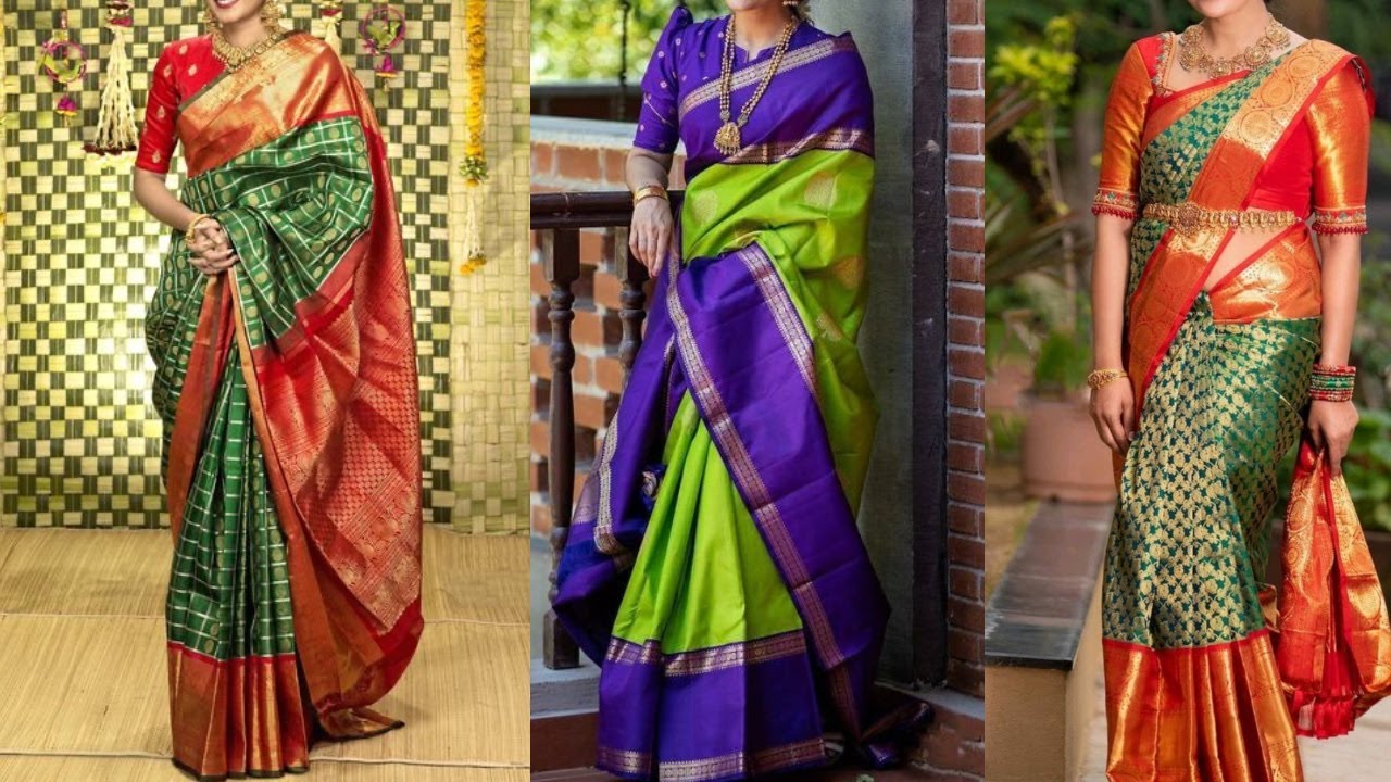 Beautiful Silk sarees with beautiful colour combination ideas, Kanchipuram pattu sarees for festival