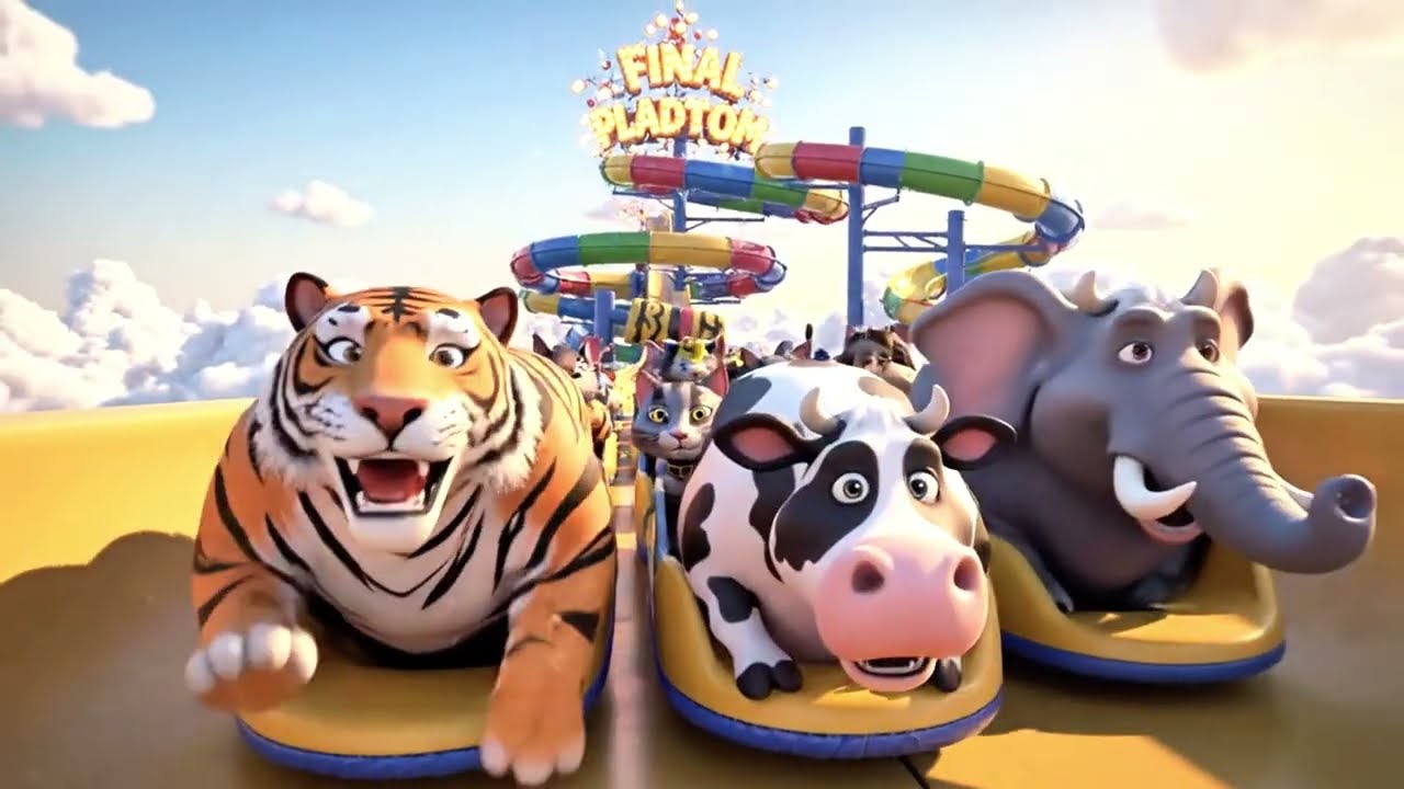 Long Slide Game With Cow Elephant Gorilla Hippopotamus Tiger - 3d Animal Game - Funny 3d Animals