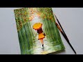 Easy Rainy season scenery drawing for beginners|| Green forest landscape scenery || Girl with umbrel