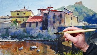 Watercolor Landscape Painting Demo - Gragnola! - Old Italian Village, River &amp; Bridge