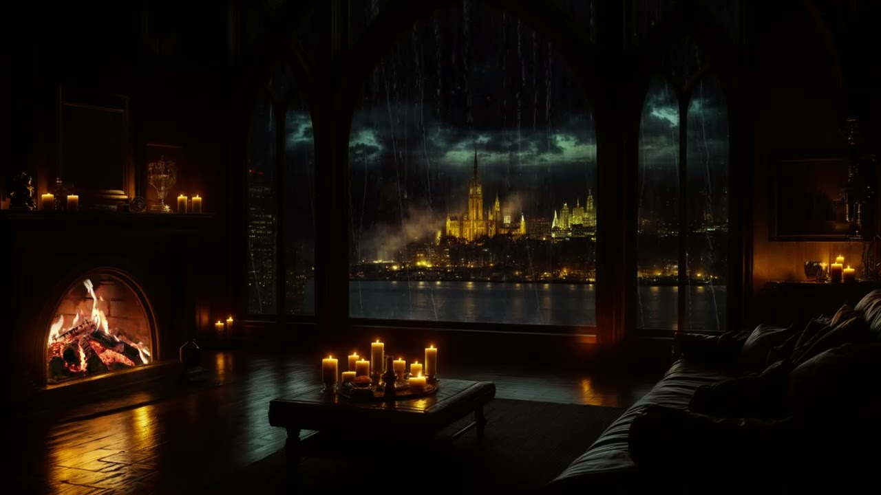No Ads | Heavy Rain in a Gothic Castle Room 🕯️🏰 | Deep Sleep Hypnosis & Cozy Fireplace Ambience