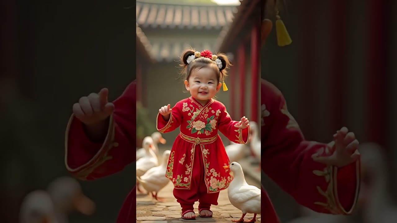 Wearing a red and gold traditional Chinese outfit with floral embroidery