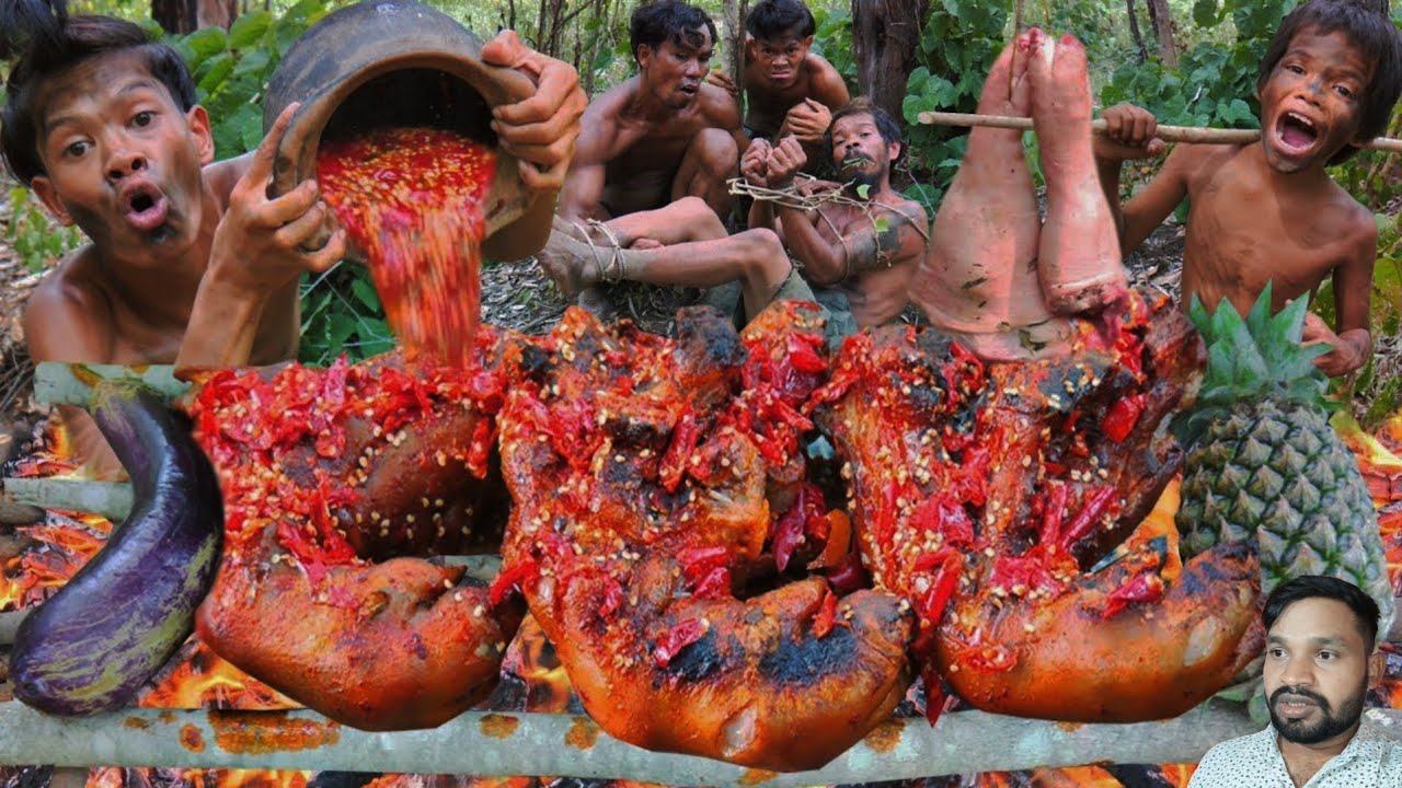 Survival In The Rainforest - Cooking Pig Leg || Jungle Survey Cooking Pig Leg
