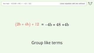 Linear equation with one unknown: Solve 0.2(10b+60)=-4(b-12) step-by-step solution