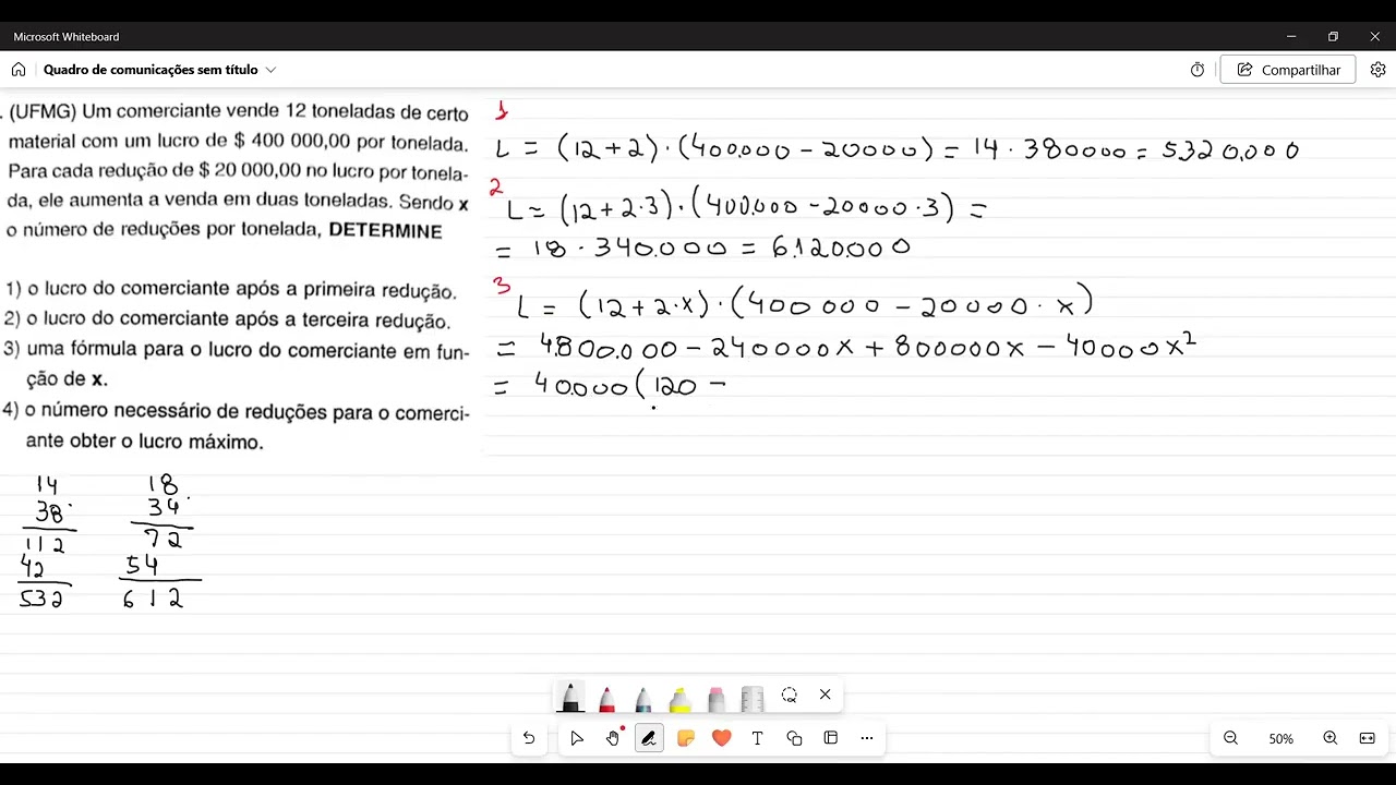 (UFMG) Um comerciante vende 12 toneladas de certo material com um lucro  de $400000,00 por tonelada.