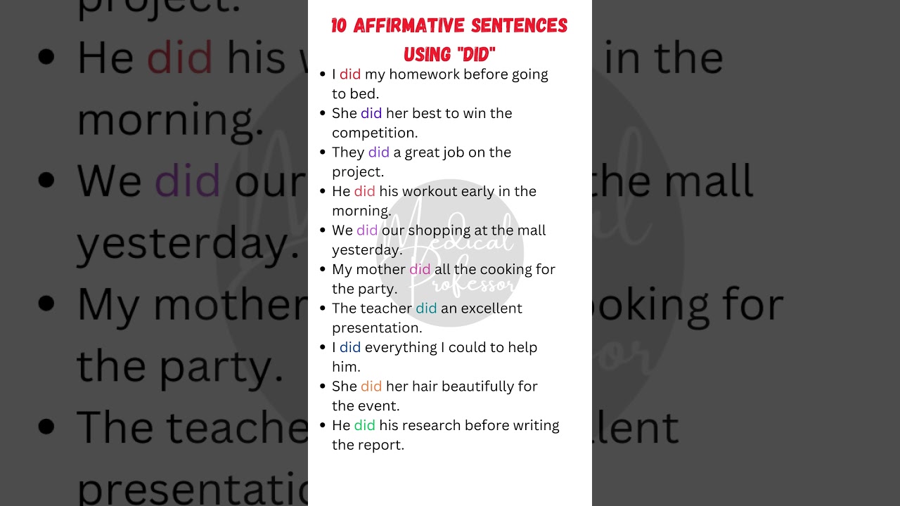 ✅ 10 Affirmative Sentences with "Did" | Learn Past Tense Easily! 📚