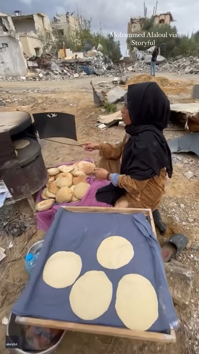 Palestinian women make bread between ruins of Gaza #shorts