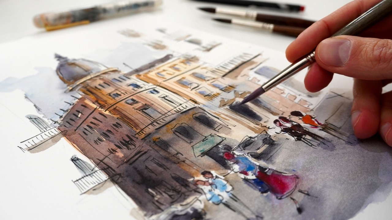 Loose Urban Sketching in Ink & Watercolor - art process