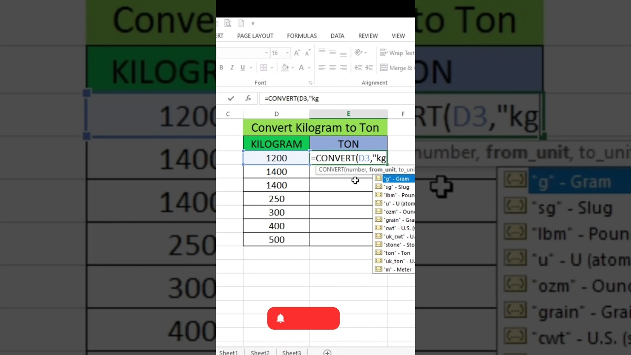 How to convert kilogram to ton in excel 