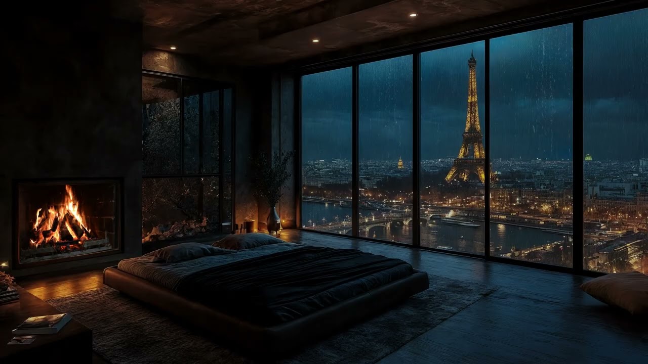Relaxing City Rain at the Window 🌙🔥 Cozy Fireplace Night Sounds for Deep Sleep