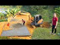 Start build log cabin use excavator leveling build stone borders and pour concrete floors