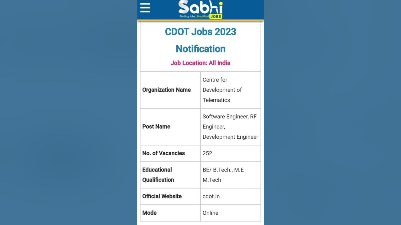 CDOT Jobs Notification 2023 Apply Online for 252 Software Engineer, RF