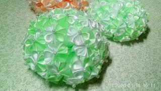 Нежнейший бант-шар из двухцветных лепестков из лент. Канзаши. Kanzashi