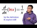 how do we know the derivative of ln(x) is 1/x (the definition & implicit differentiation)