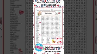February Word Search-Find LINCOLN #wordsearch #winter #wordgames #quiz #presidentsday #puzzlegame