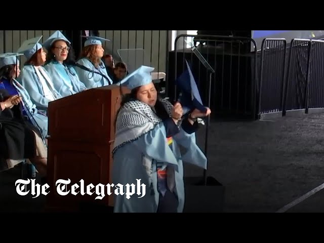 Columbia University student rips up degree in pro-Palestine protest during graduation class=