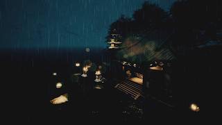 4 Hours Rainy Night Temple with Frog Sounds 4K | Sleep, Meditation & Relaxing Nature Sounds